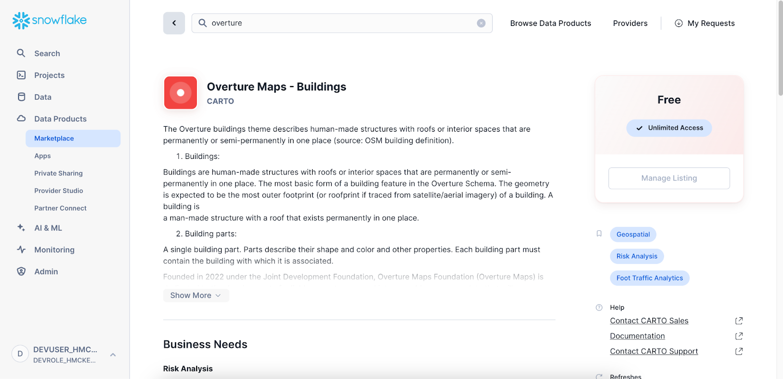 A screenshot of the Snowflake Data Marketplace showing the Overture Maps entry