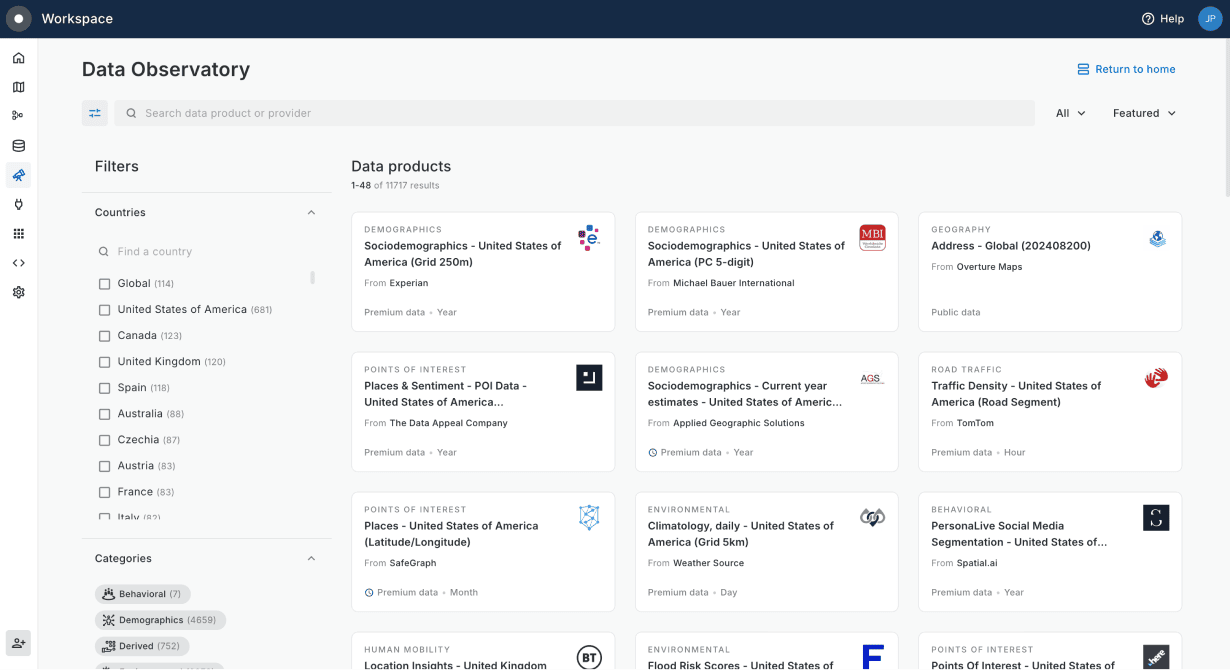 Screenshot of CARTO's Data Catalog, showing different datasets and filters for categories, country, and license type