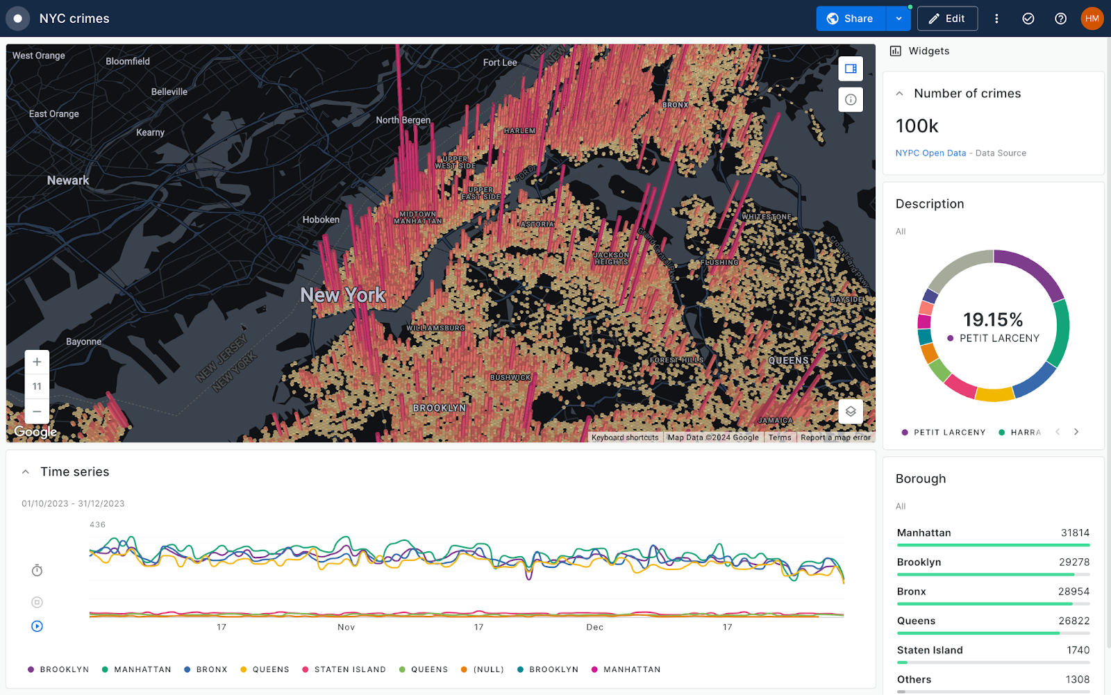 A screenshot of a CARTO Builder map showing a 3D map and widgets around the side