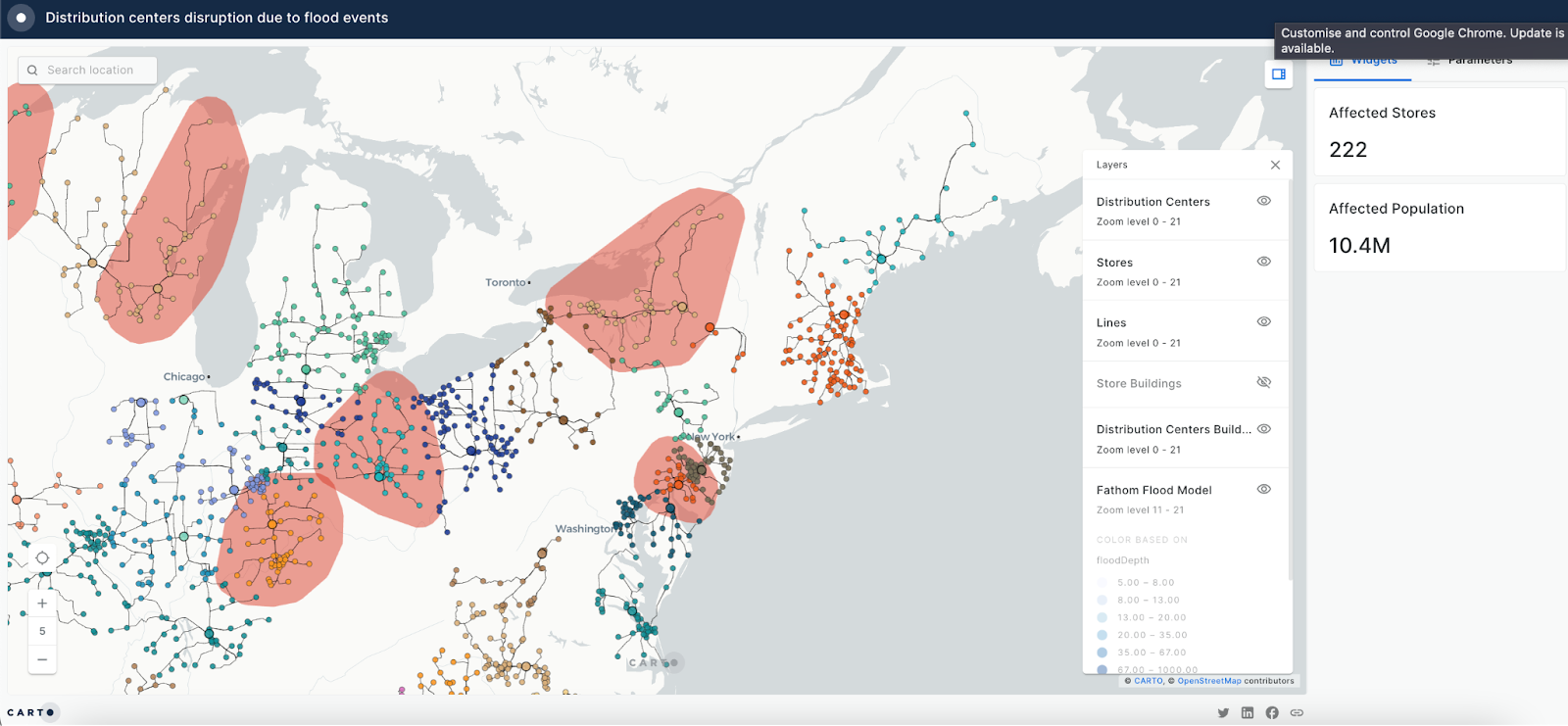 A screenshot of CARTO being used for the use case Distribution Centers Disruption Due to Flood Events
