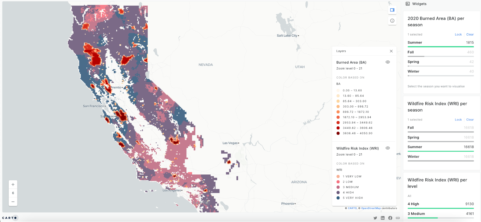 A screenshot of a CARTO map showing Seasonal California Wildfire Risk Index
