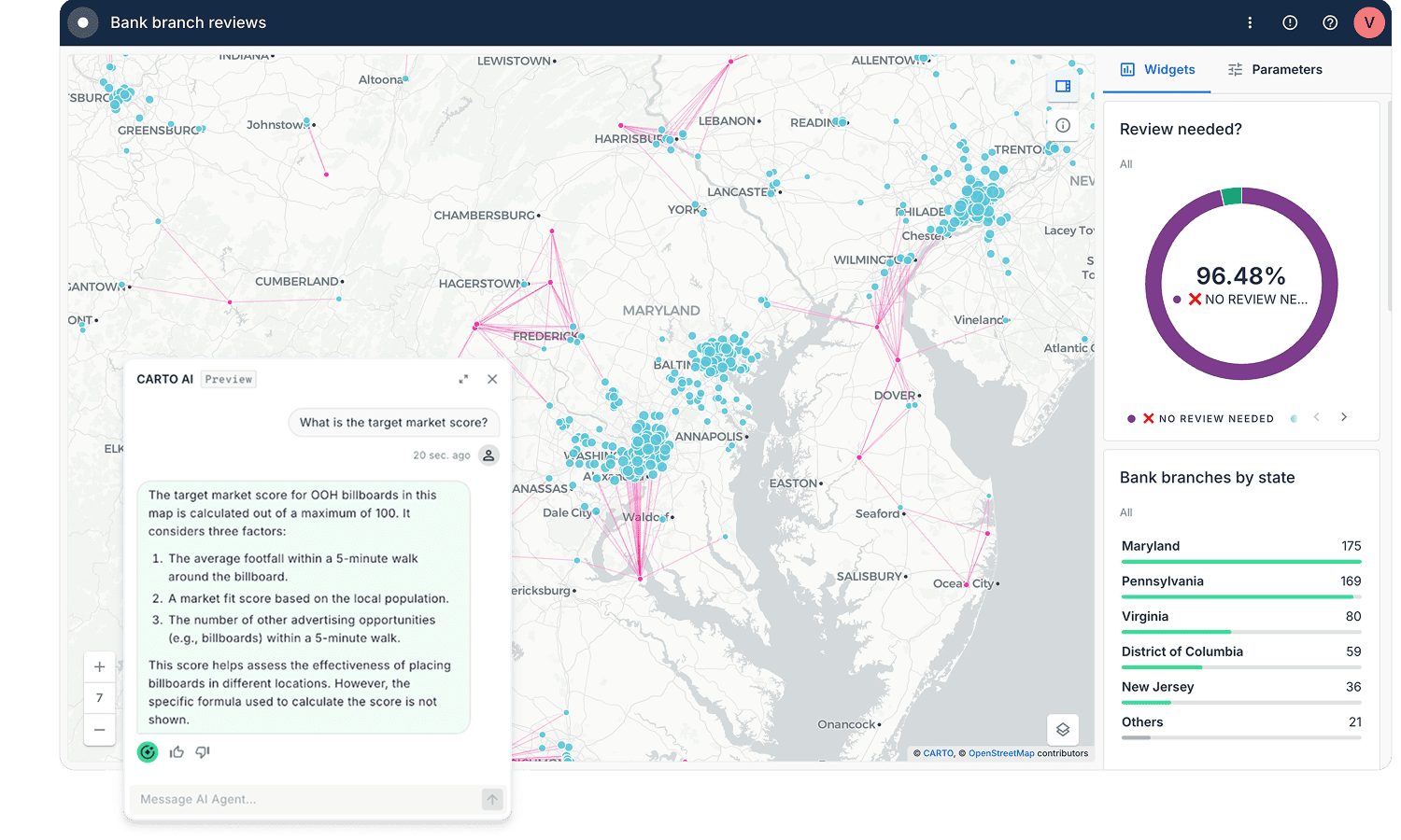Bank branches map with AI agent activated