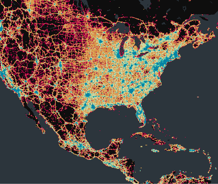 US map depicting a cell tower aggregation tileset 